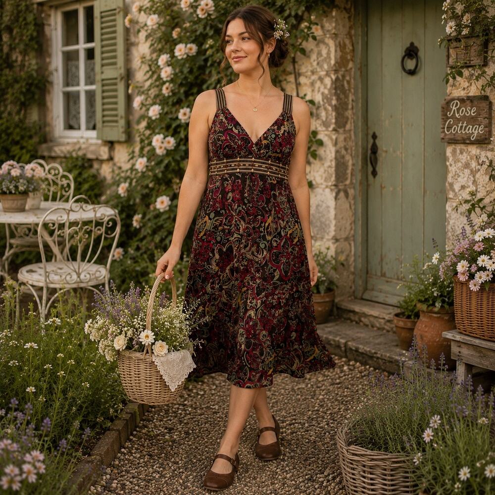 Madison Leigh Boho Floral Beaded Dress Sz 8 Y2K Festival Empire Waist Paisley